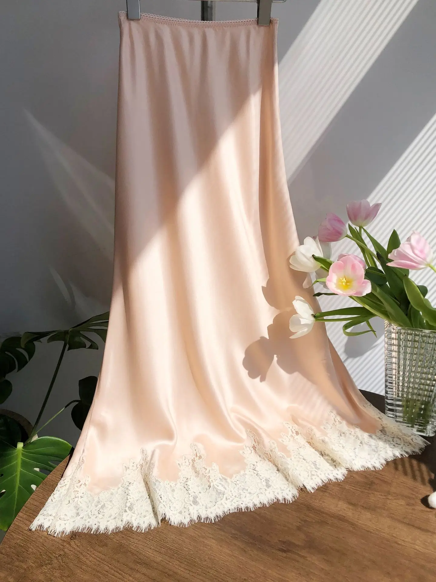 7-Color Women Satin Long Skirt 100% Silk Lace Spliced Elastic Waist Slim Skirt