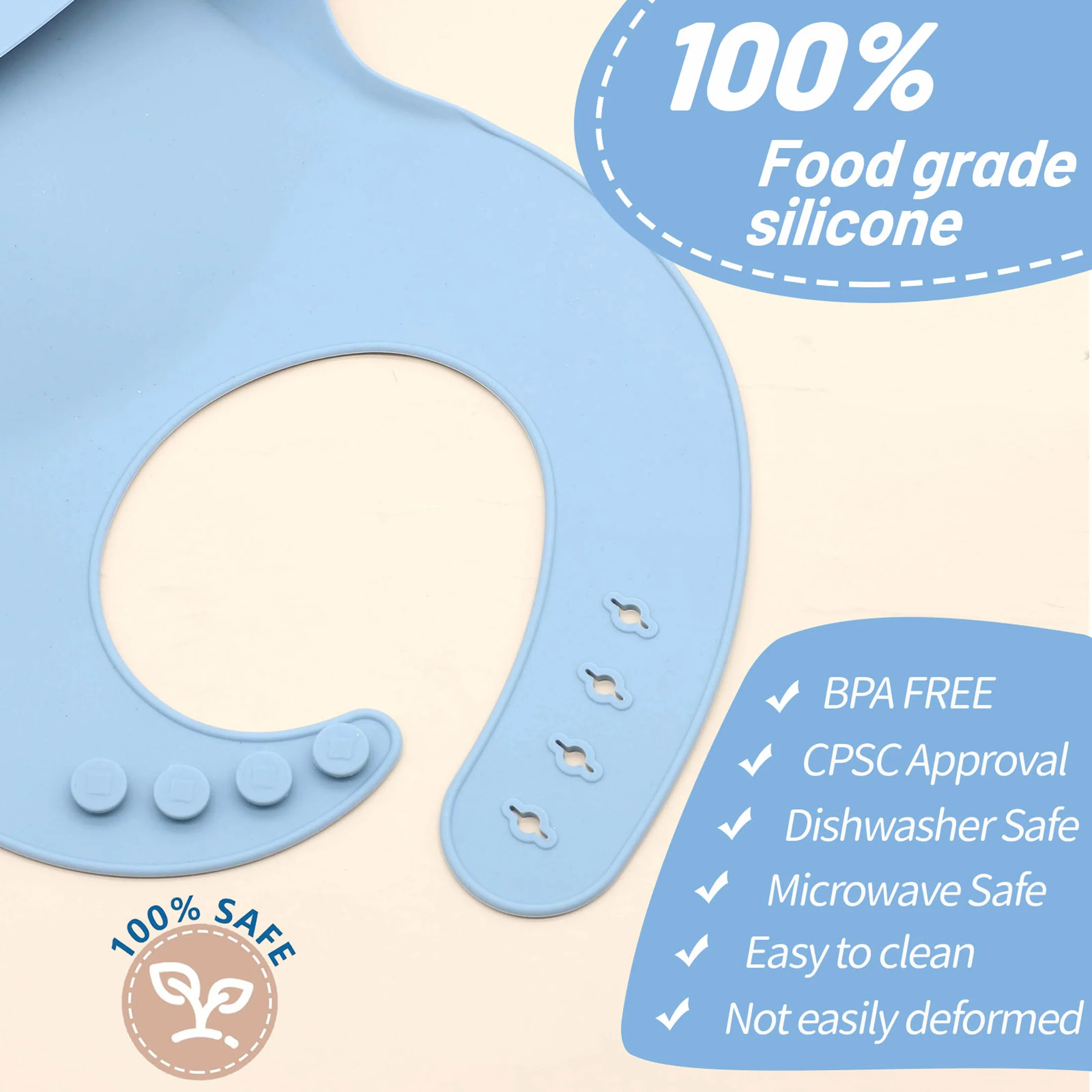 Food grade silicone bib food catcher with three-dimensional and multi-stage adjustment, easy to clean