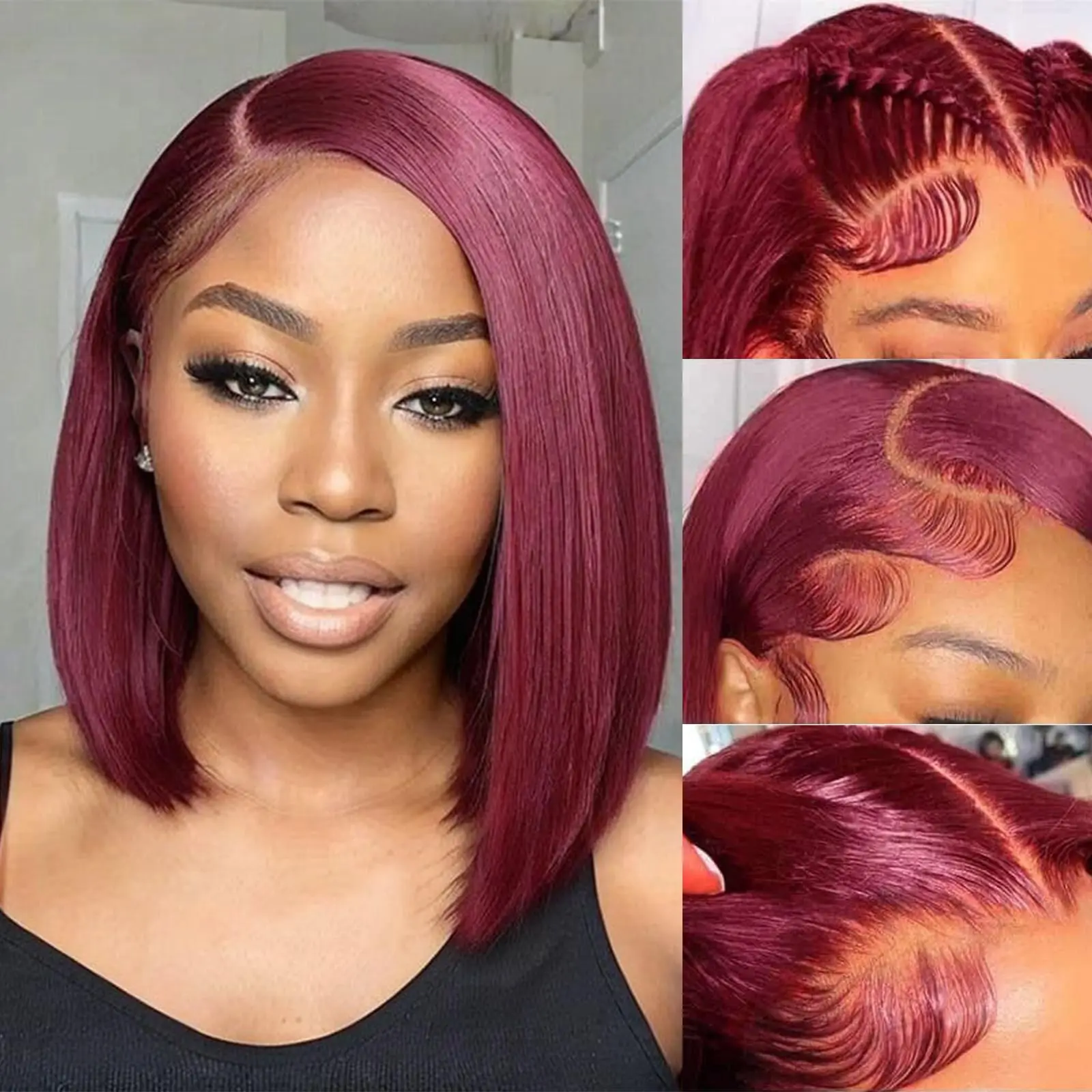 Burgundy Straight Short Bob Human Hair Wigs 99J Red Straight 5x5 HD Transparent Lace Front Wig For Women Pre Plucked