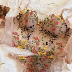 2 Pieces Sexy Lace Flowers Embroidery Underwear Set for Women French Thin Cup Push Up Bra Set Romantic Body Shaper Tops Panties