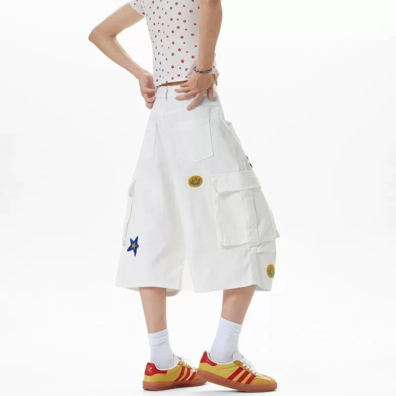 Shorts cargo bordados, roupas de trabalho de verão, calças cortadas com vários bolsos, pernas largas plissadas, retrô, hip hop, calças casuais