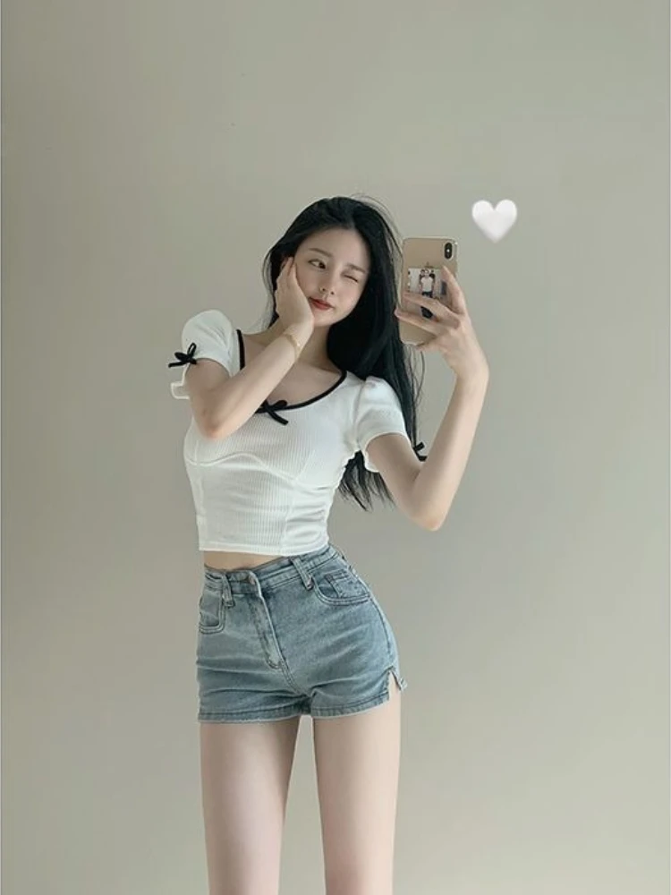 Women Light Blue Side Slit A-Line Denim Shorts High Waist New Hot Pants Summer Slimming Tight Stretch