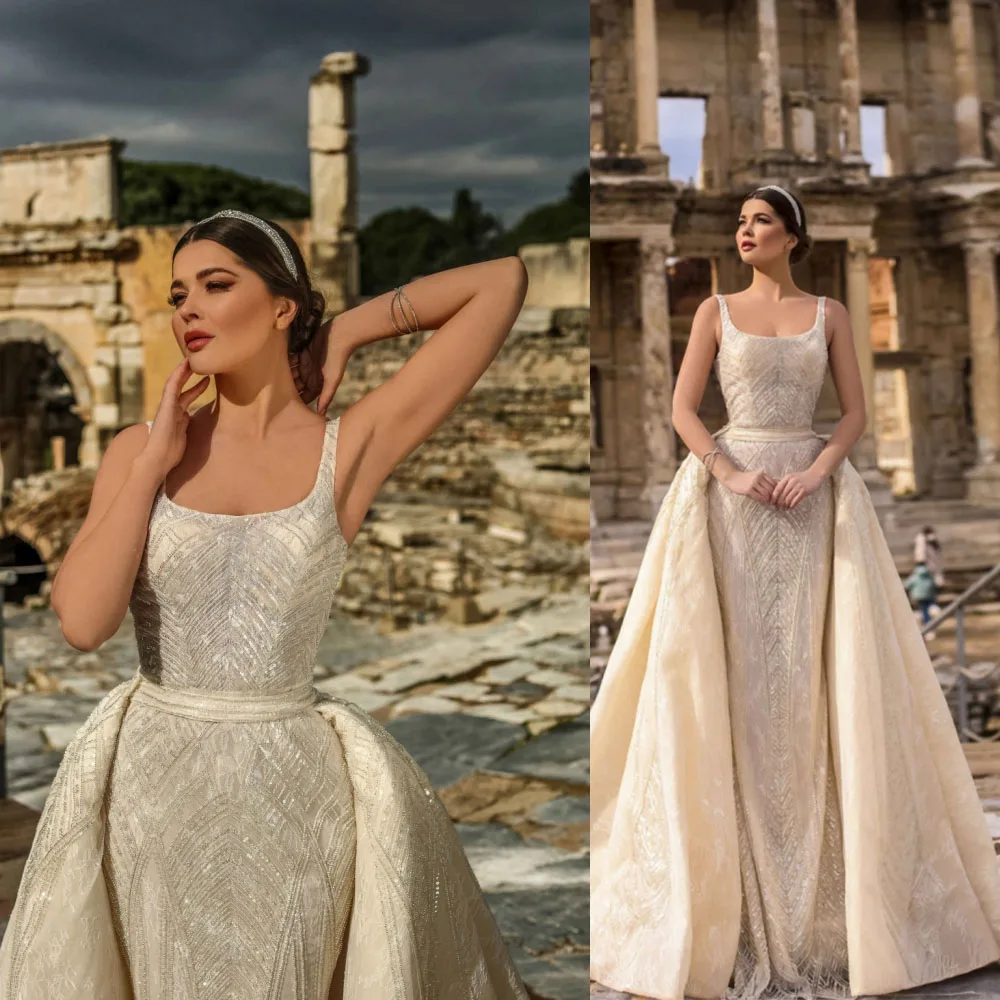 

Stylish Wedding Dresses Sequins Bridal Gowns with Detachable Train Sleeveless Backless Mermaid Customized Vestidos De Novia