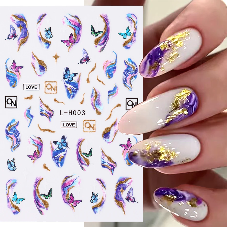 Purple Marble Smoky Nails Stickers 3D Golden Wave Lines Flowers Butterfly Spring Design Decals Manicure Nail Art Sliders Decor