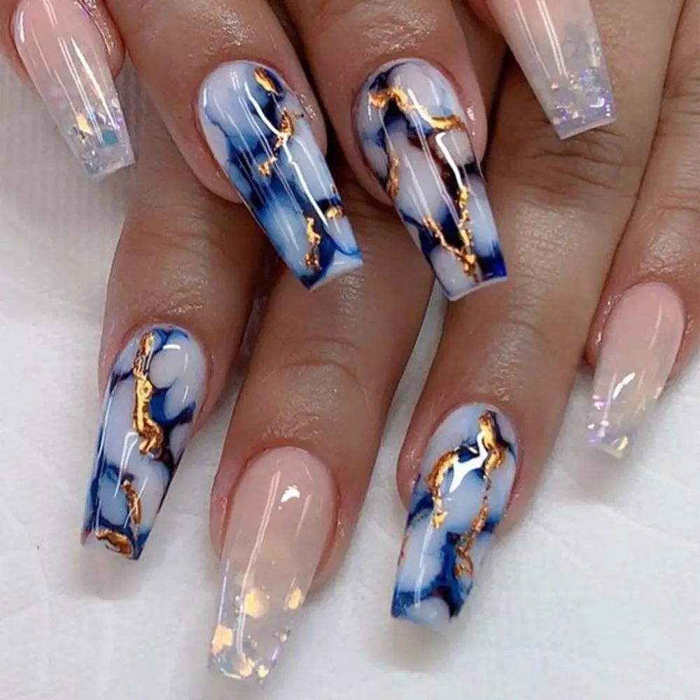 Unique Halo Staining Purple Gold Lines T-shape Nail Tips Square Head French Fake Nails Medium Length Ballerina False Nail