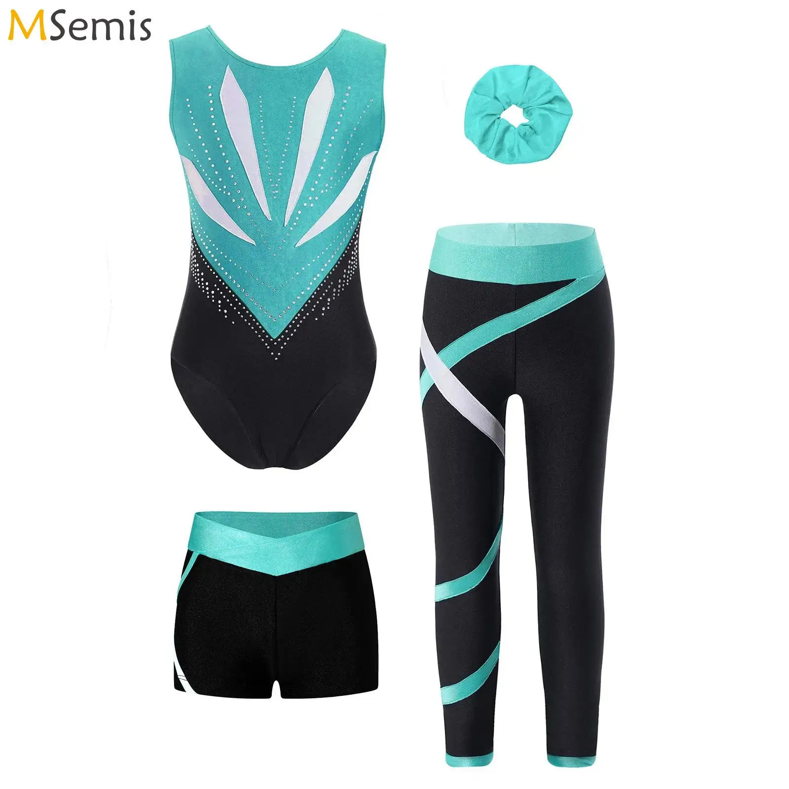 Girls Gymnastics Outfits Sleeveless Rhinestones Ballet Leotards with Shorts Leggings Hair Band Set Yoga Figure Skating Unitards