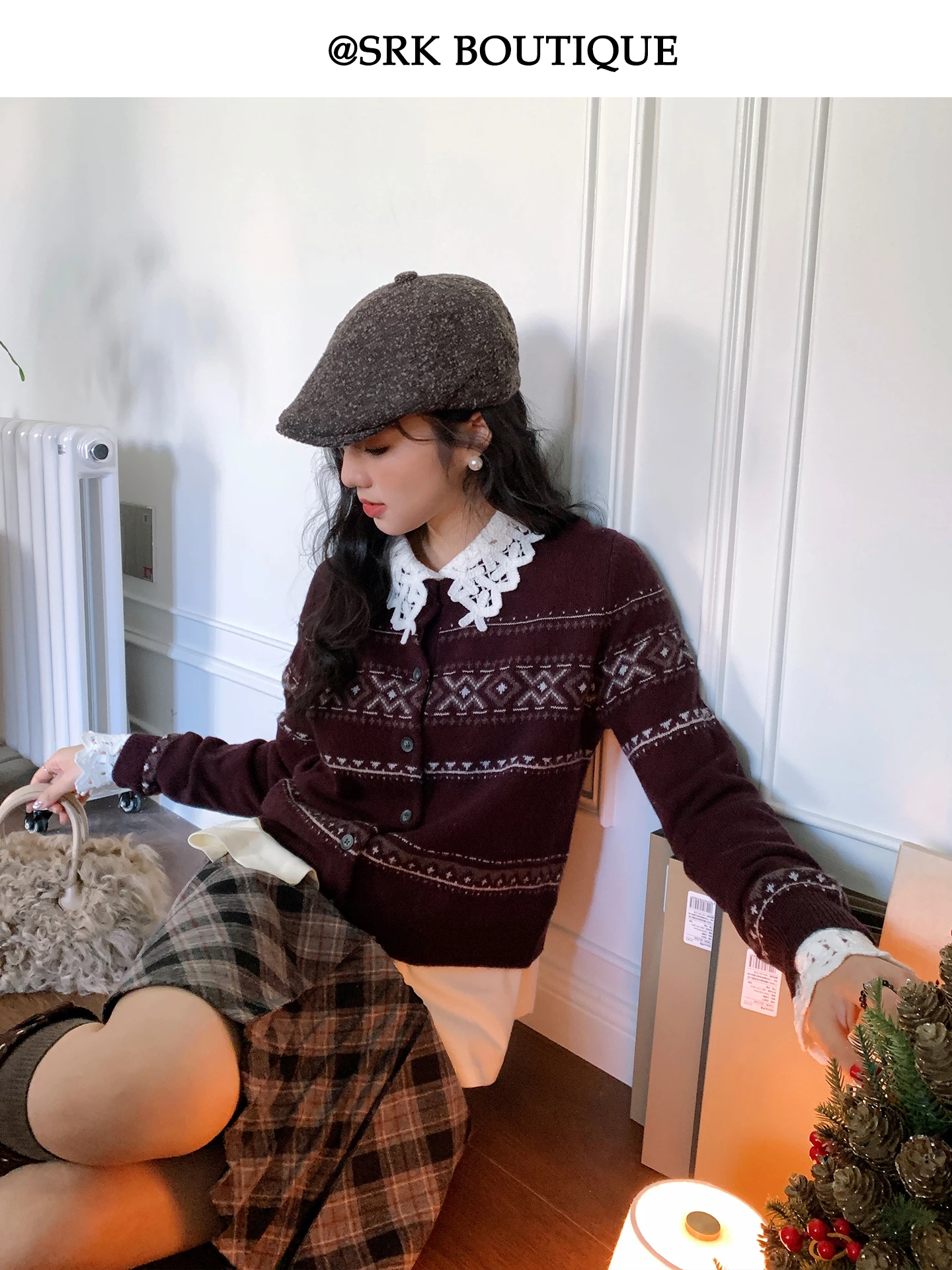 

SRK Women's Knitted Sweater Diamond Pattern Faionable Knitwear Cardigan Warm Retro Sle Long Sve round Ne Top