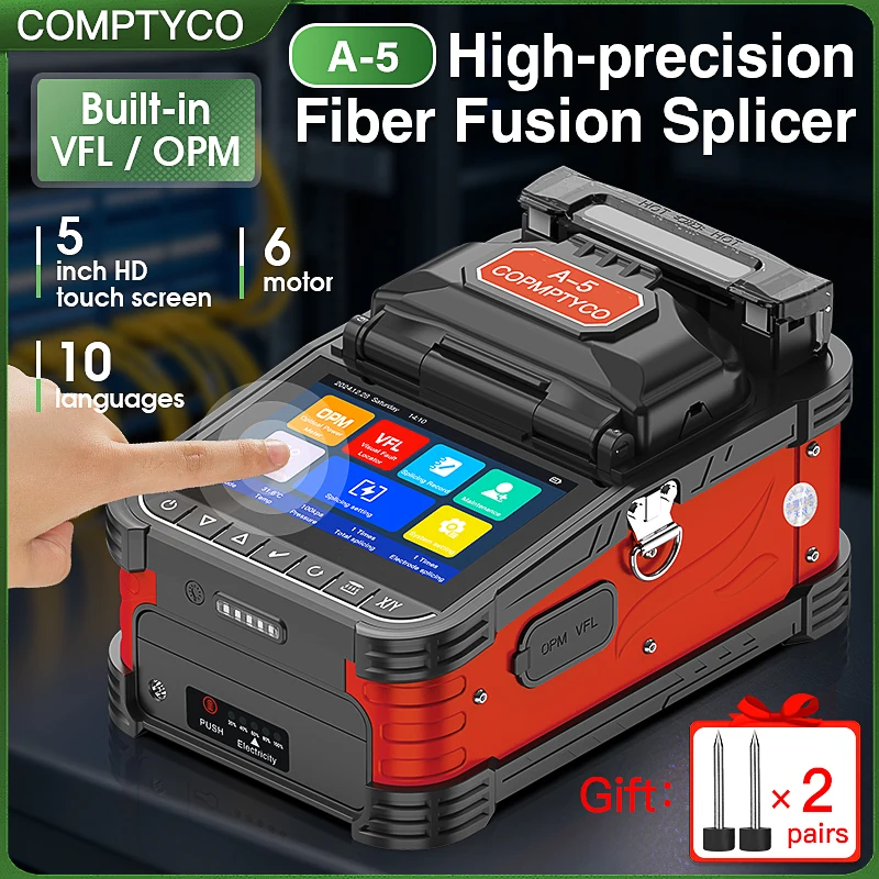 6 Motors A-5 Fiber Optic Fusion Splicer Hot Melt Machine 10 Languages Optical Fiber Core Splicing Machine Built-in VFL and OPM