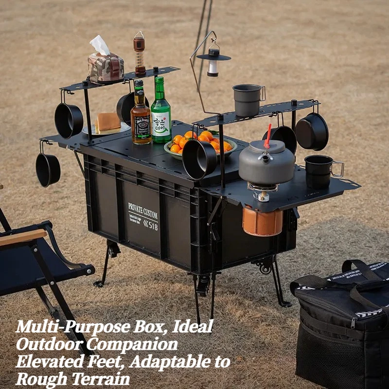 Folding Camping Storage Box Portable Outdoor Picnic Table Integrated Tea Table Mobile Crate for Hiking Beach Garden Party