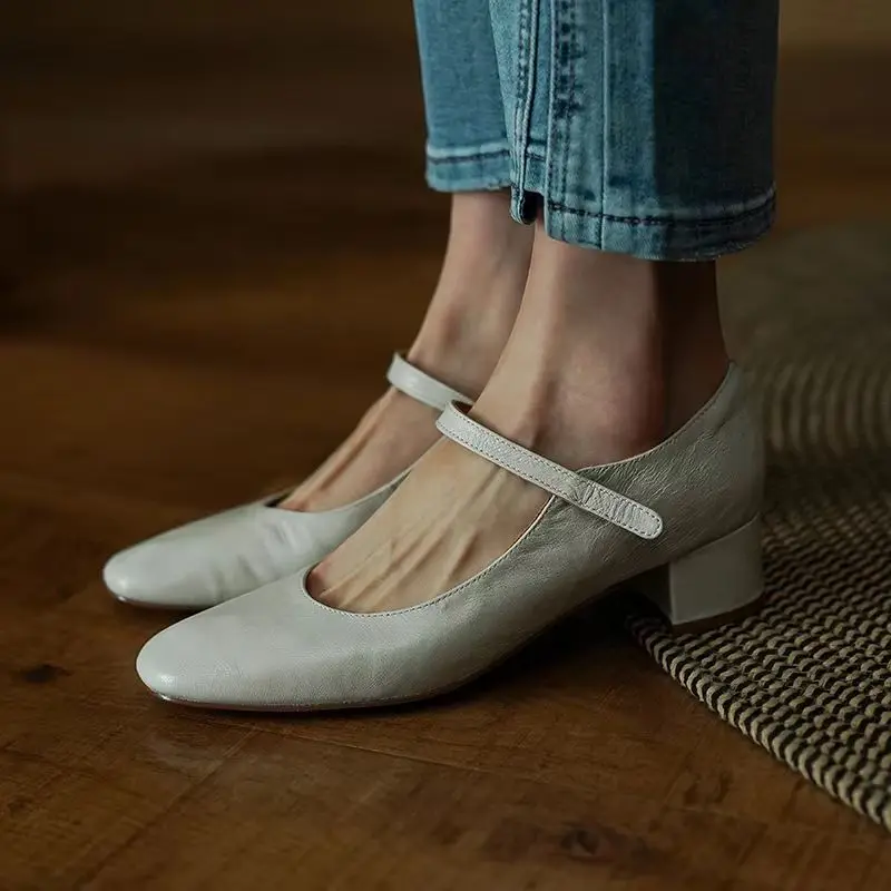 

Ladies Pumps Sheepskin Women Retro Mary Jane French Style One Straps Shoes Spring Atumn Dress Pumps Simple Shoes On Heels