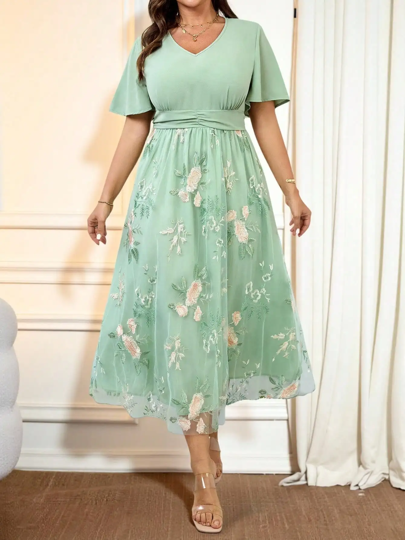 

Mint Green Embroidered Floral A-Line Midi Dress with V-Neck and Flare Sleeves