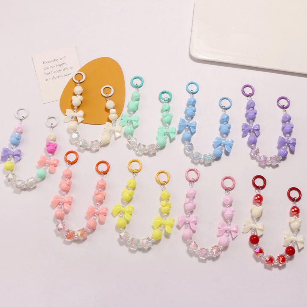 Colorful Bowknot Bead Phone Strap Charm Chain Knot Cellphone Lanyard Keychain Girl Bag Camera Pendant for Airpods Case