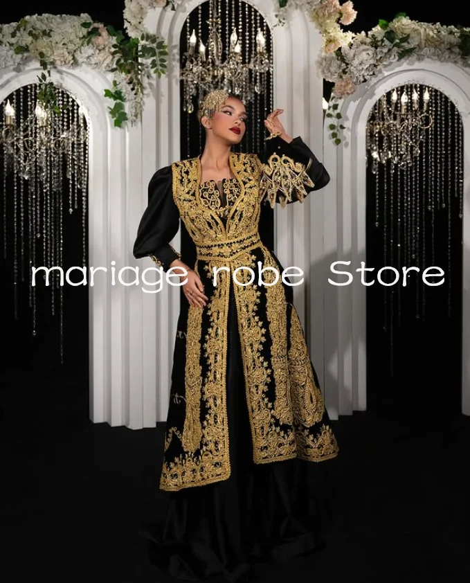 

Black Two Pieces Prom Formal Dresses Traditional Kosovo Albanian Gold Applique Beaded Long Sleeve Evening Gown Customsized