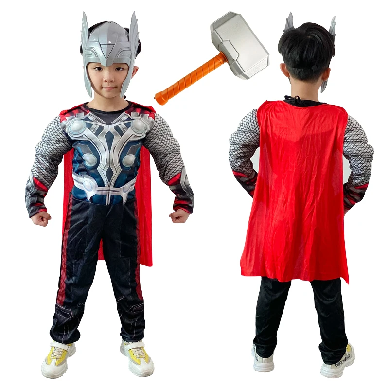 Thor Muscle Costume Superhero Thor Cosplay Muscle Costume Jumpsuit Mask Hammer Halloween Carnival Clothes