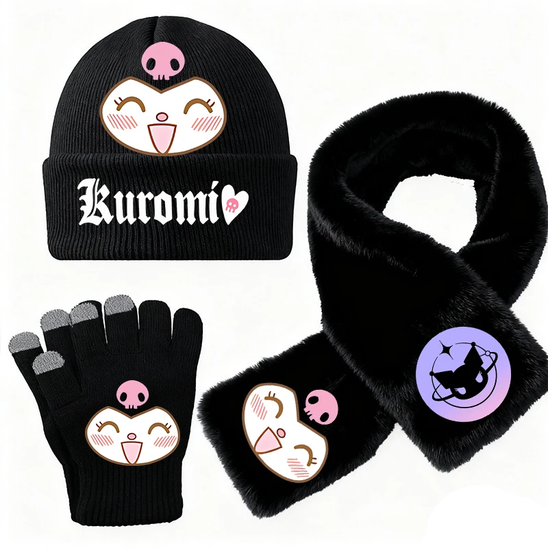 3PCS/Set Set Topi Rajut Kuromi untuk Anak Perempuan, Syal, Sarung Tangan, Set Beanie Musim Dingin untuk Balita, Sarung Tangan, Penghangat Leher, Aksesoris Luar Ruangan, Hadiah Natal