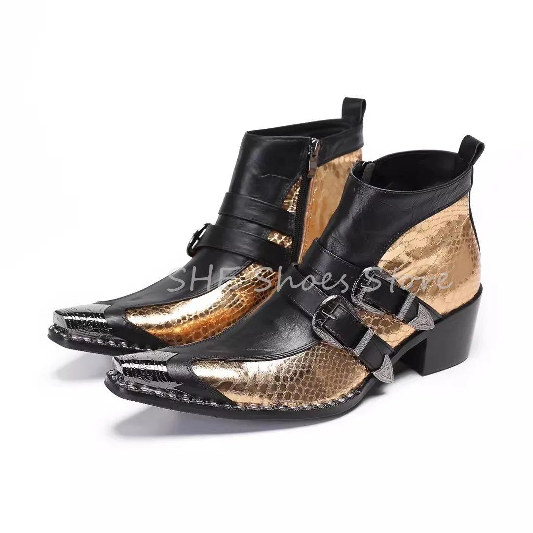 Luxury Mixed Color Metal Pointed Toe Splicing Chelsea Boots for Men Wedding Dress Shoes Belt Buckle Decor Male Leather Shoes