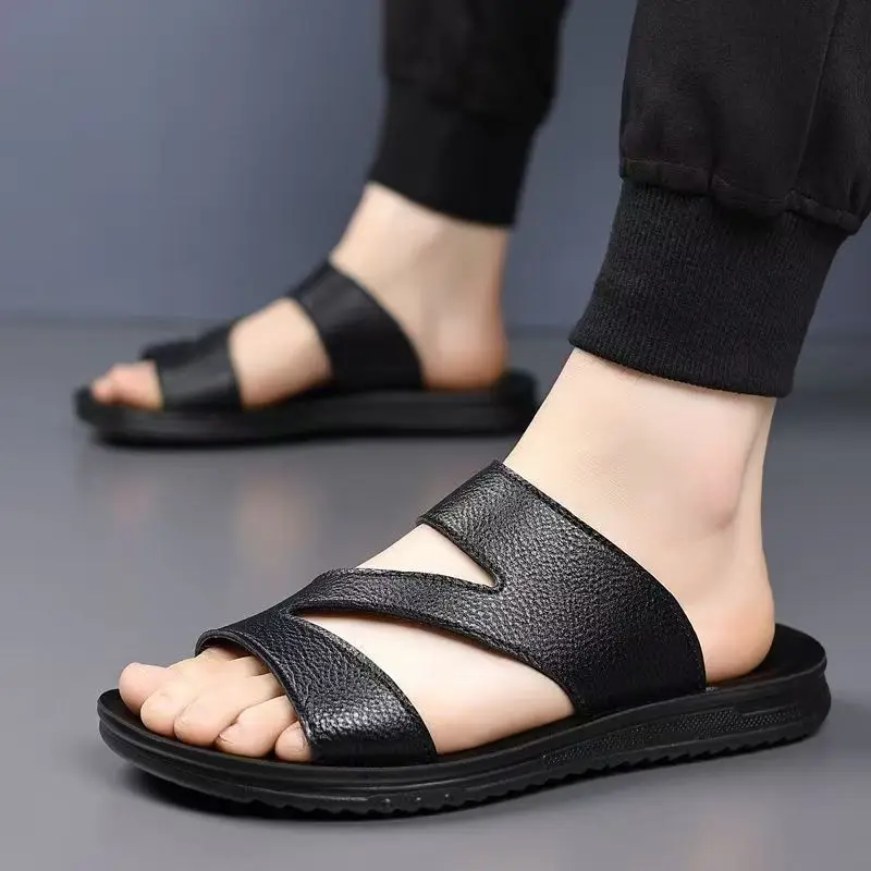 Men's Genuine Leather One Word Slippers Summer New Soft sole Non Slip Hollow Out Flat Sole Outdoor Beach Slippers Sandals