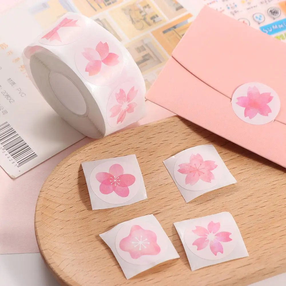 500pcs/roll Sticker Decor Cherry Blossom Sticker Round Sealing Sticker Self-adhesive Label Handmade Crafts Sticker