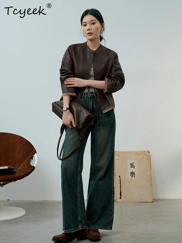 Tcyeek Pelle di pecora Primavera Autunno High End Trendy Vintage Girocollo Marrone Caffè Giacca in vera pelle da donna Jaqueta Couro