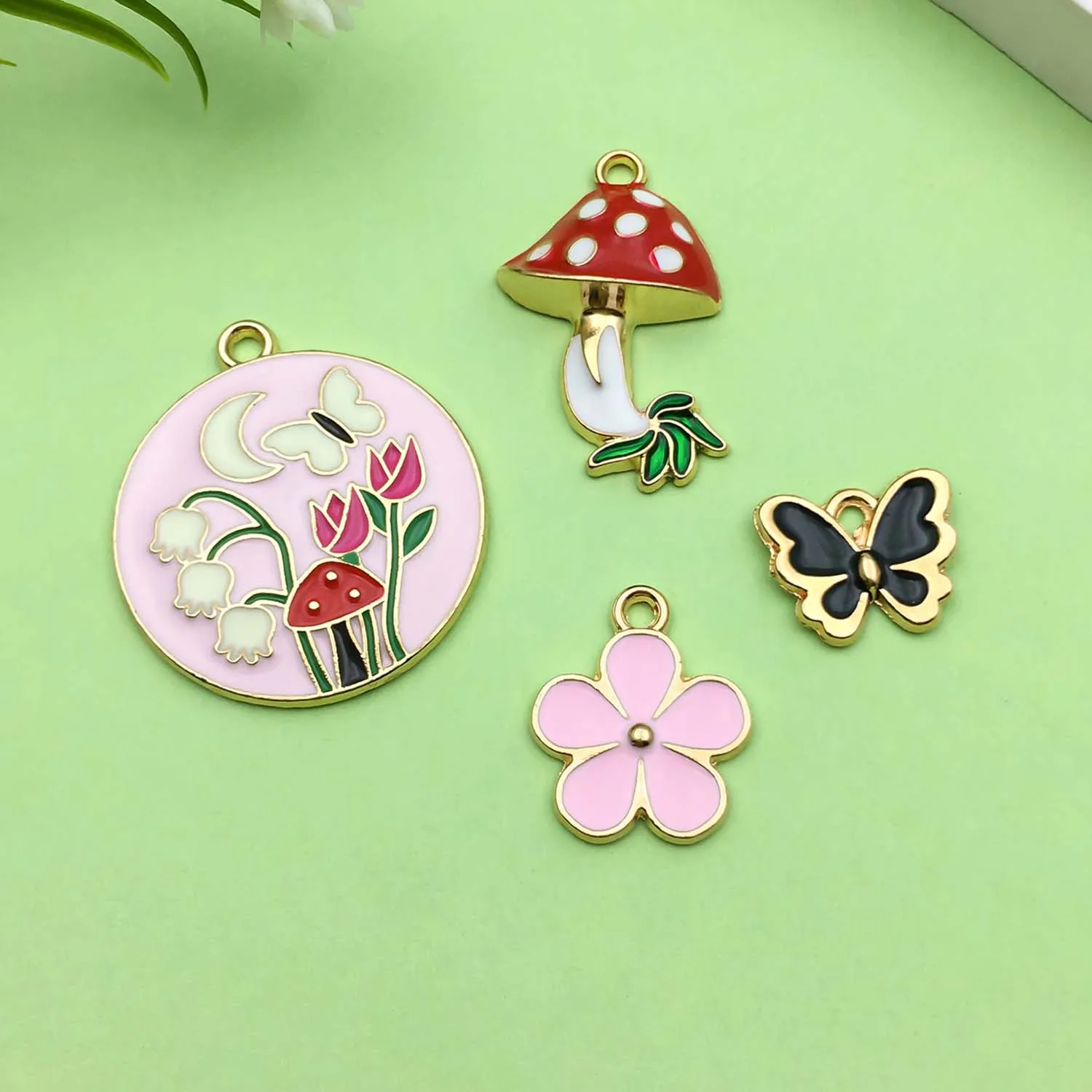 8/10pcs Colorful Enamel Mushroom, Flower, Butterfly Design Charms Alloy Plant Insect Pendants for DIY Jewelry Making Accessories