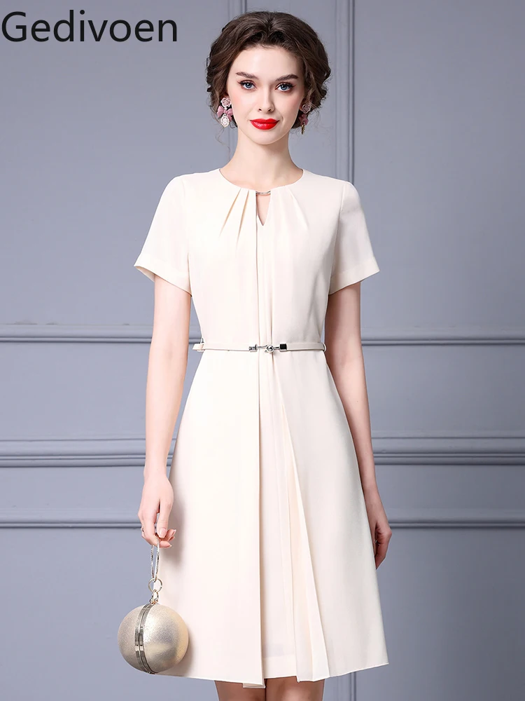 

Gedivoen Summer Fashion Runway New Designer Sashes Solid APRICOT Zipper Empire Office Lady Style O-Neck Collar A-LINE Dress