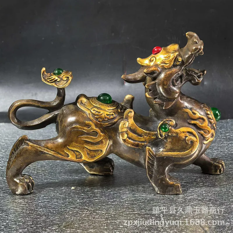 Antique Bronzeware: Gold-plated Brass Inlaid with Jade Pixiu Ornament for Living Room Office Decoration and Gifts