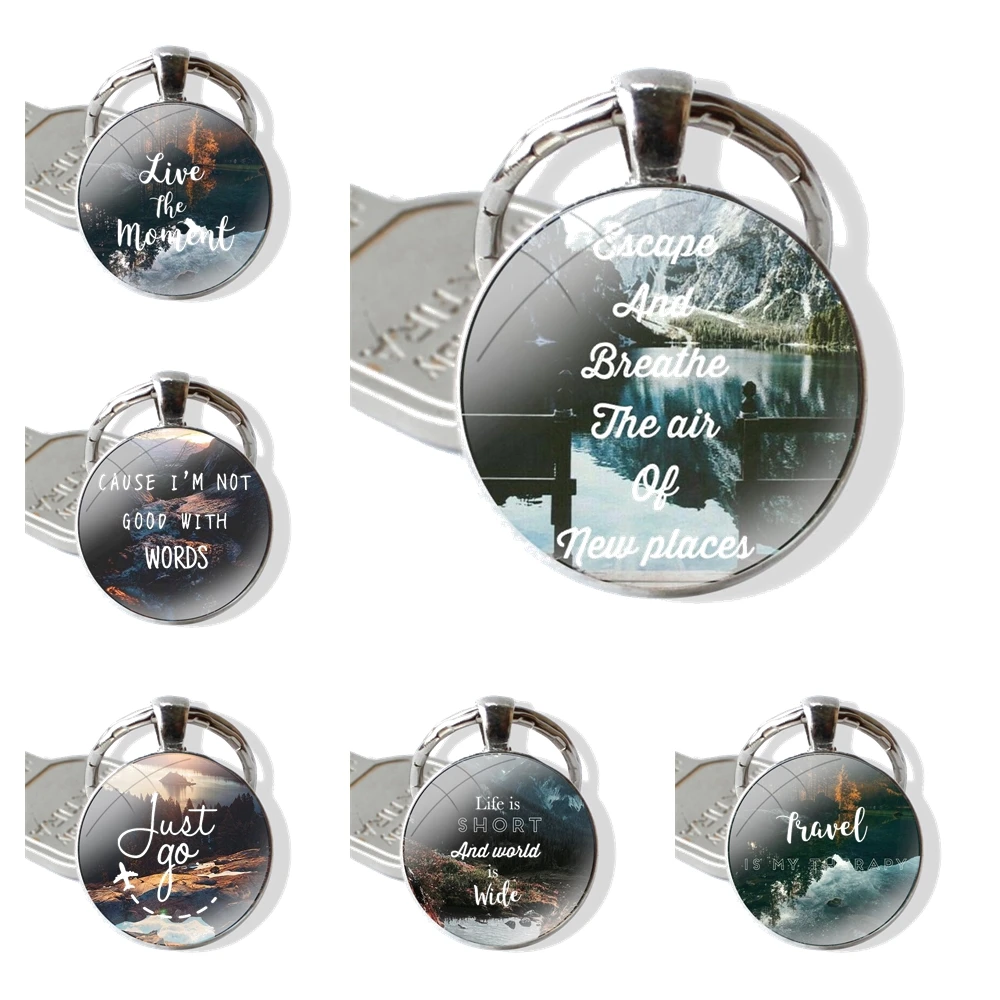 Beach Mountain bule sky 25mm Glass Cabohcon Keychain Key Rings for Women Men Jewelry Gift