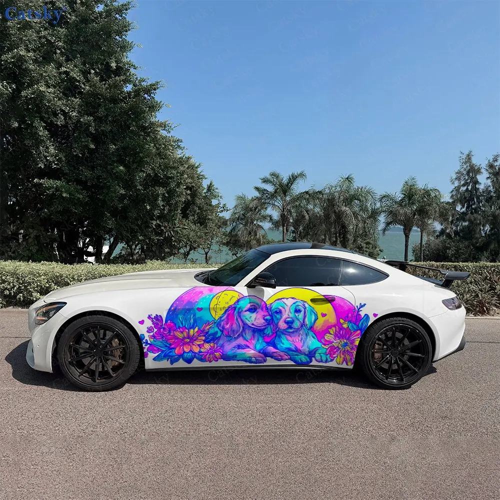 2pcs Pink-Blue Psychedelic Puppy Car Side Wraps, Self-Adhesive PVC Waterproof & Scratch-Resistant Stickers, Car Accessory Gift