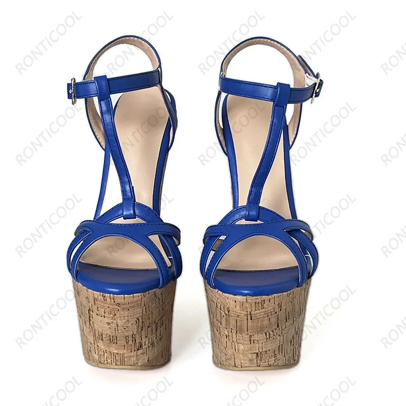 Ronticool Handmade Women T-strap Sandals Ultra High Wedges Heels Round Toe Classics Black Dress Shoes Ladies US Plus Size 5-15
