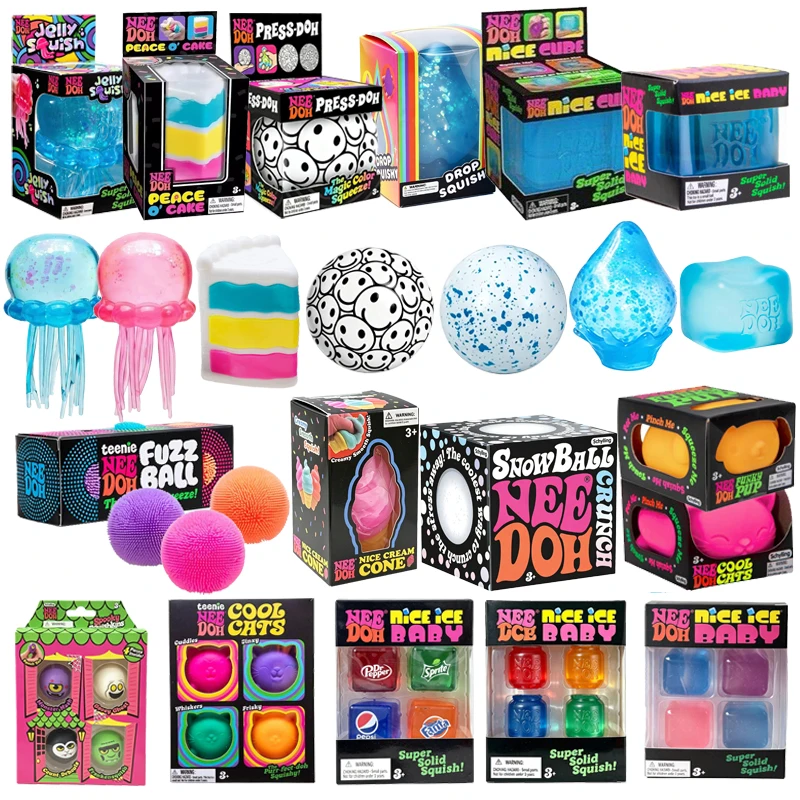Needoh Teenie Fuzz Ball Mini Cube Fidget Toy Maltose TPR Cake Snow Ball Jellyfish Gumdrop Gummy Bear Squeeze Focus Relax Gift