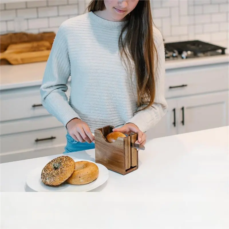 N98R Bagel Slicer Holder Wood Bread Cutter Desktop Bread Cutting Tool