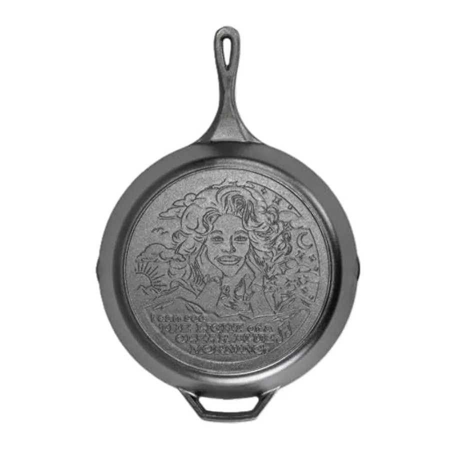 

13.25 Inch Dolly Parton Pre-Seasoned Cast Iron Stamped Skillet - Signature Teardrop Handle - Use in the Oven on the Stove on th