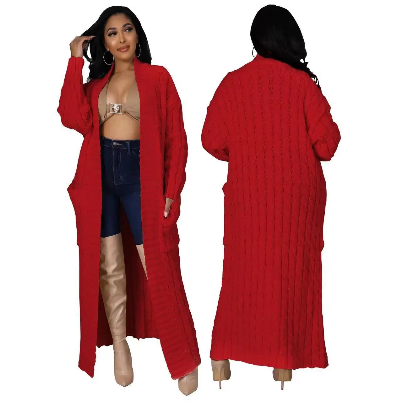 

Женский удлиненный вязаный кардиган-накидка с открытым передом, разноцветный, больших размеров, повседневная верхняя одежда для осени и зимы