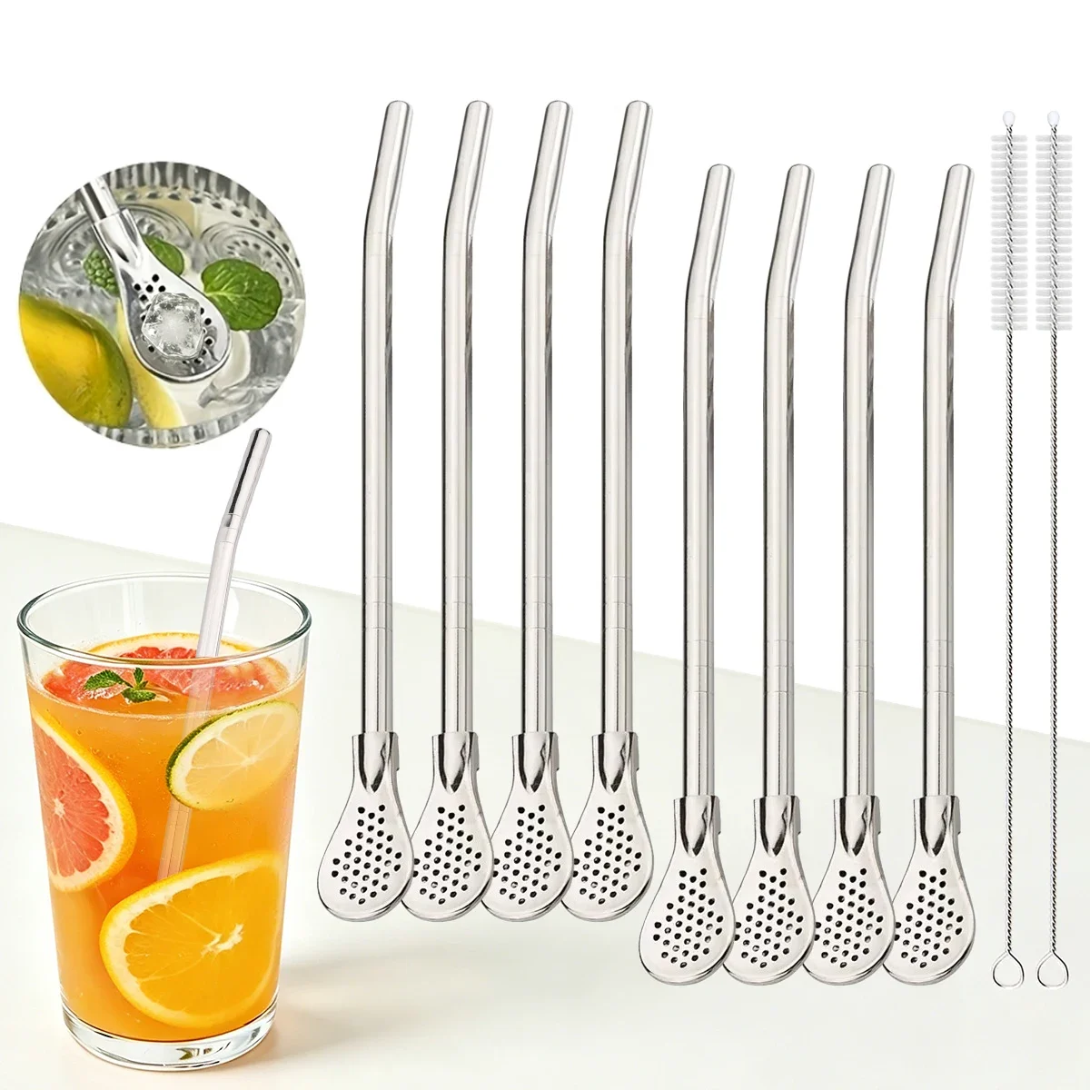 

8pcs Filter Tea Straw Spoon Set Reusable Stainless Steel Straw with 2pcs Cleaning Brushes Bar Cocktail Tea Coffee Accessories