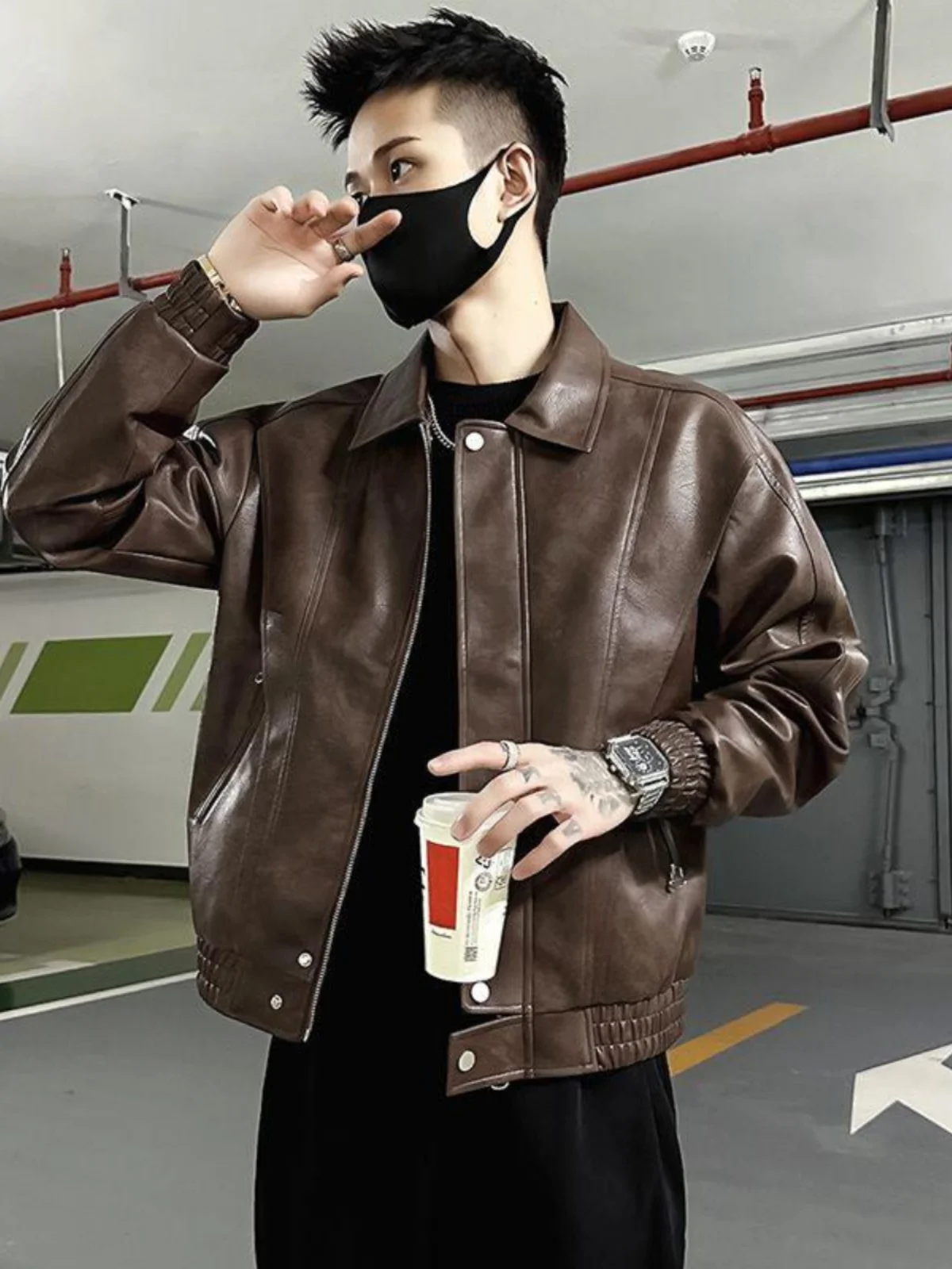 

Cute ort Men's Leather Jaet Pilot Sle PU Outerwear Coffee Color Trendy Brand Casual Youthful Wind Long Sve Coat
