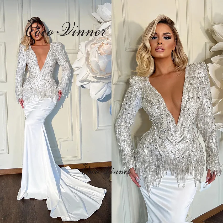 تخصيص كامل الأكمام مثير الخامس الرقبة حورية البحر فستان الزفاف 2025 الثقيلة الديكور كريستال شرابة الساتان فستان الزفاف حورية البحر W1459