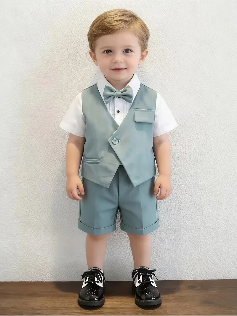 

90-150 Baby Kids Summer 4Pieces/Set Vest Shirt Shorts Bowtie Birthday Suit Children Photography Dress Boys Wedding Outfit