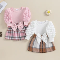 0-4Y Toddler Kids Girls Valentine’s Day Clothes Sets Long Puff Sleeve Tops + Bow Plaid Skirt Set Children's Clothing