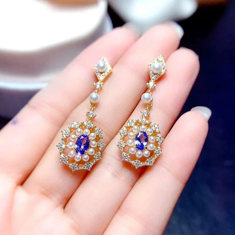 

YULEM Fashion Long Drop Earrings for Office Woman 100% Natural Tanzanite Earrings Solid 925 Silver Tanzanite Drop Earrings