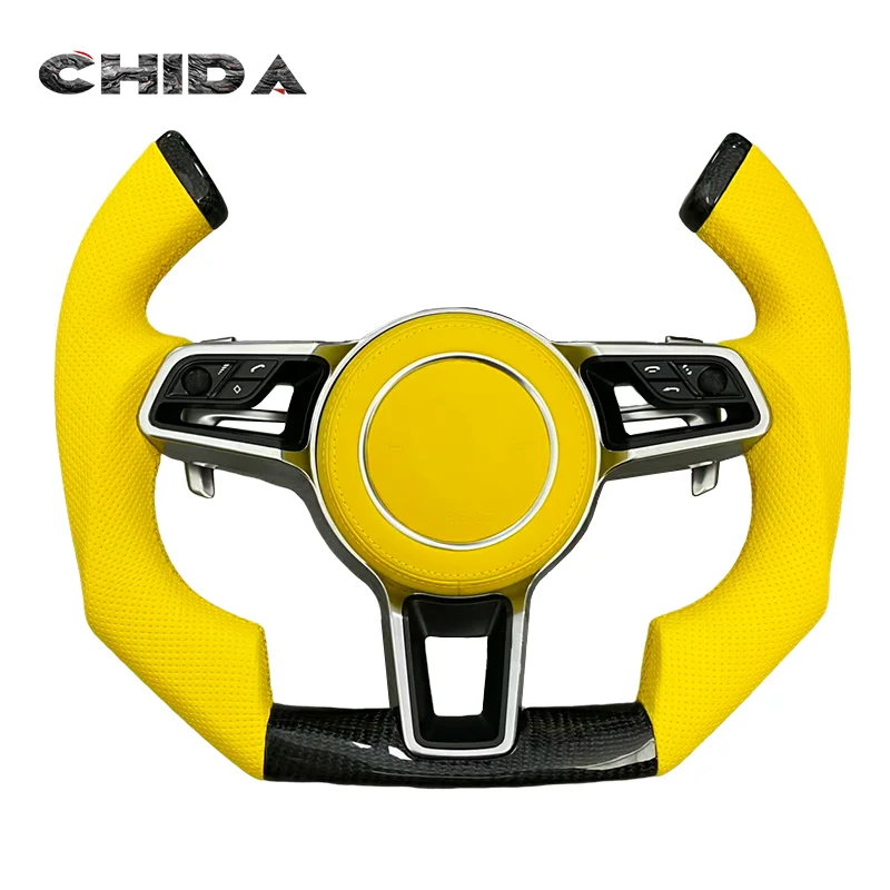 

Custom Yellow Leather Half-spoke Carbon Fibre Steering Wheel For Porsches Panamera Macan Cayenne 958 911 718 918 970 971