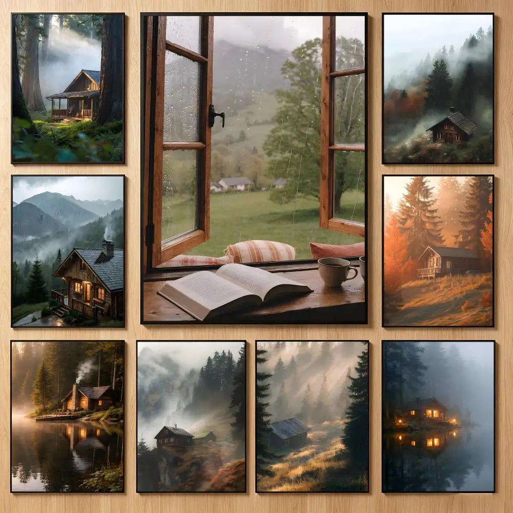 Tranquil Nature Art F-Forest Cabin Morning Mist Poster Classic Self-Adhesive PP Wall Sticker for Living Room Bar Decor Gift