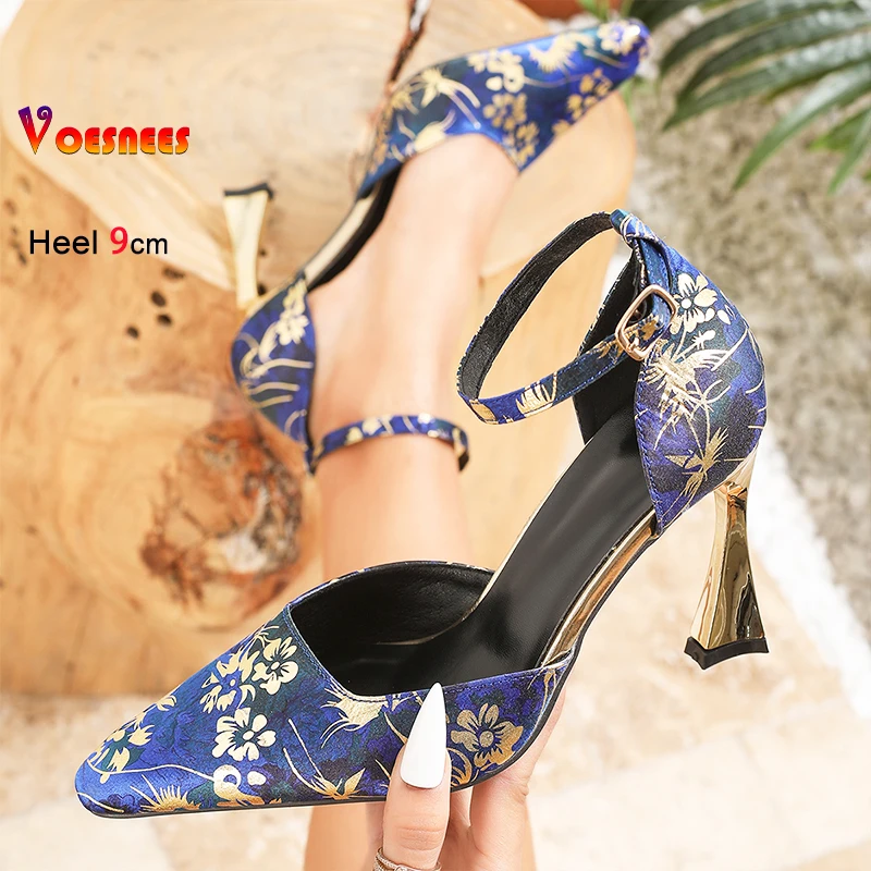 

Plus Size 46 Fashion Satin Printed Shoes For Ladies Ankle Strap Side Empty Summer 9CM High Heels Elegant Square Toe Women Pumps