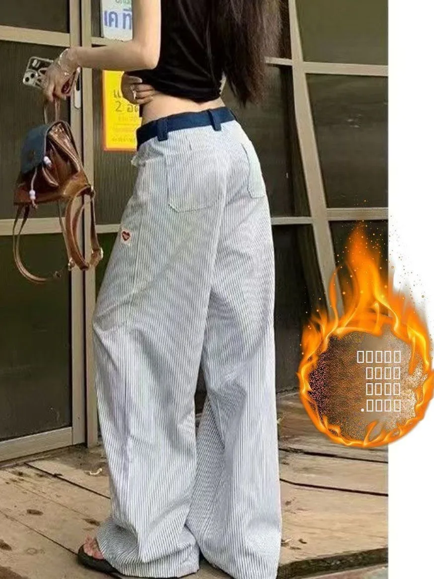 

Американские джинсы с высокой талией, подкладкой, полосатым узором, вышивкой в виде сердца, широкими штанинами, повседневные, универсальные, в пол, для женщин