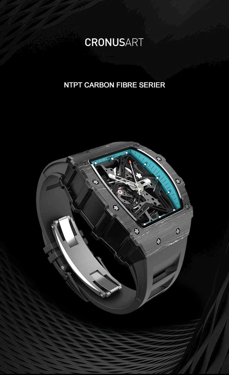 CRONUSART Men Automatic Watch Tonneau Carbon Fibre Case Mechanical Wristwatch Luminous Fluororubber Strap Skeleton Dial