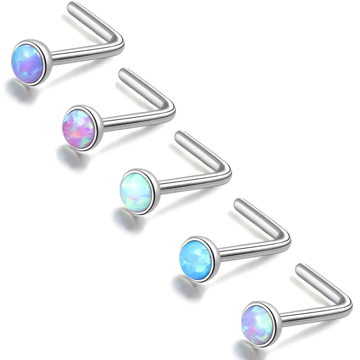 5 Pieces Opal Nose Studs 20 Gauge Nose Nail Blue Piercing Stainless Steel Retainer Bend/Straight/L-Shape Rod Piercing Jewelry