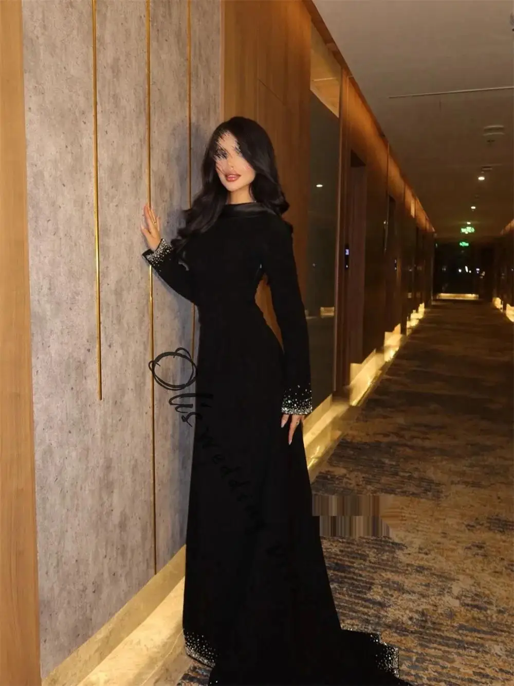 customized Black Exquisite Classic Jersey Beading Sequined A-line High Collar Long Dresses Evening Dresses Sizes Available Retro