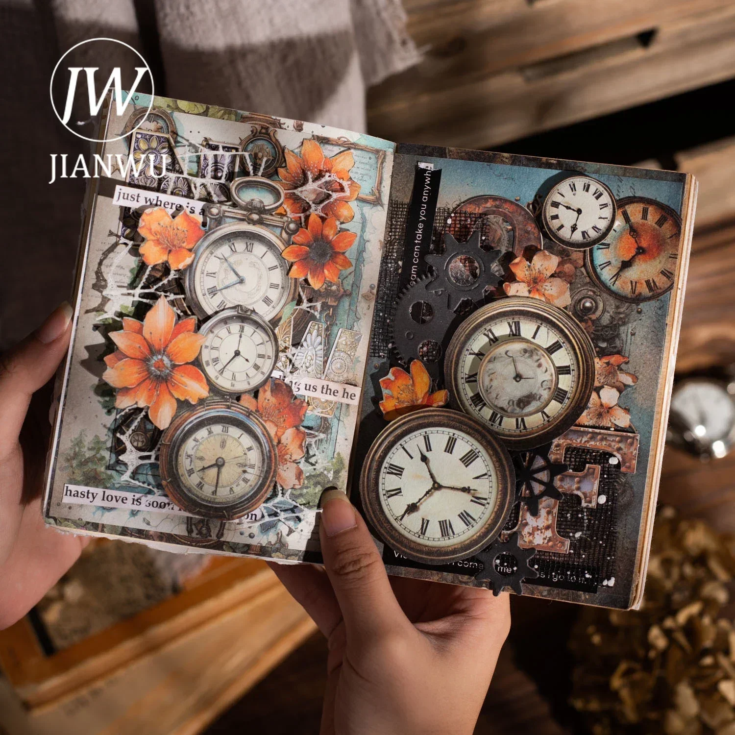 JIANWU Pendulum Trajectory Series Vintage Mechanical Clock Collage Decor Material Paper Creative DIY Junk Journal Stationery