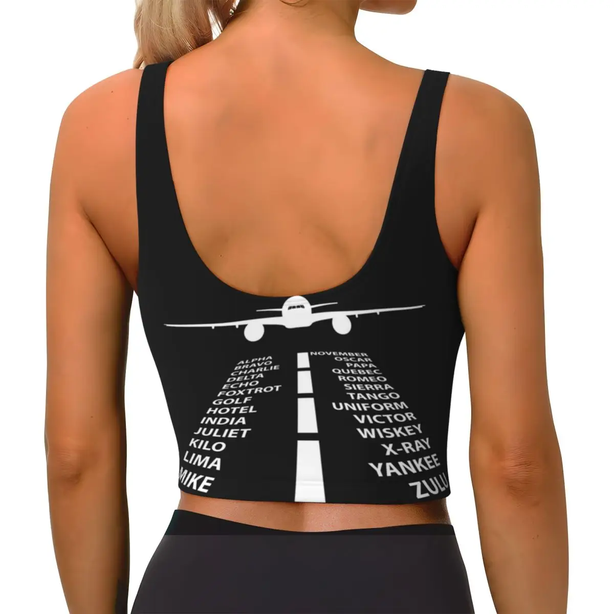 Biustonosz sportowy damski z wysokim wsparciem, top do ćwiczeń na siłowni, do jogi, krótki top, zabawny prezent dla pilotki z alfabetem fonetycznym, motyw lotniczy.
