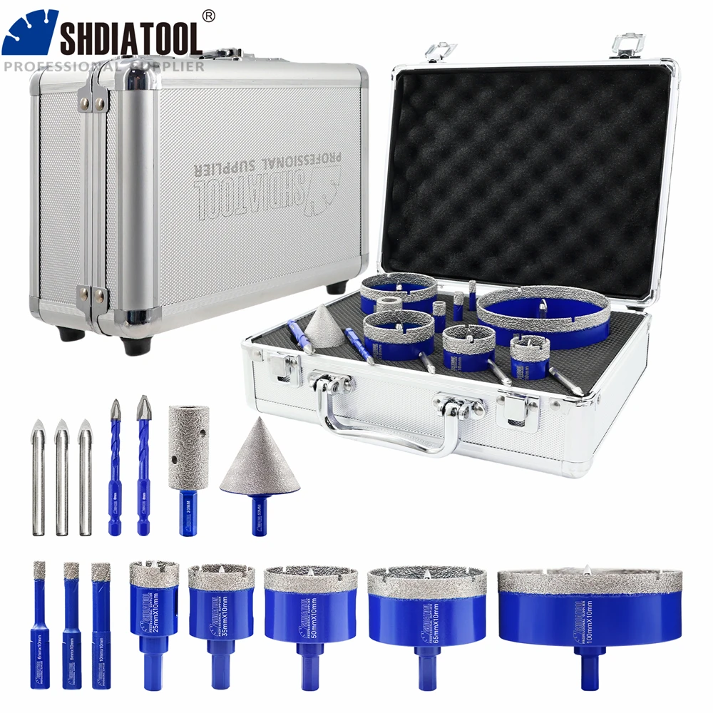 

SHDIATOOL 15Pcs Diamond Drill Bits With Pilot Bit Dia6-100mm Core Hole Saw+ Grinding Bit +50mm Chamfer Bit for Ceramic Tile Tool