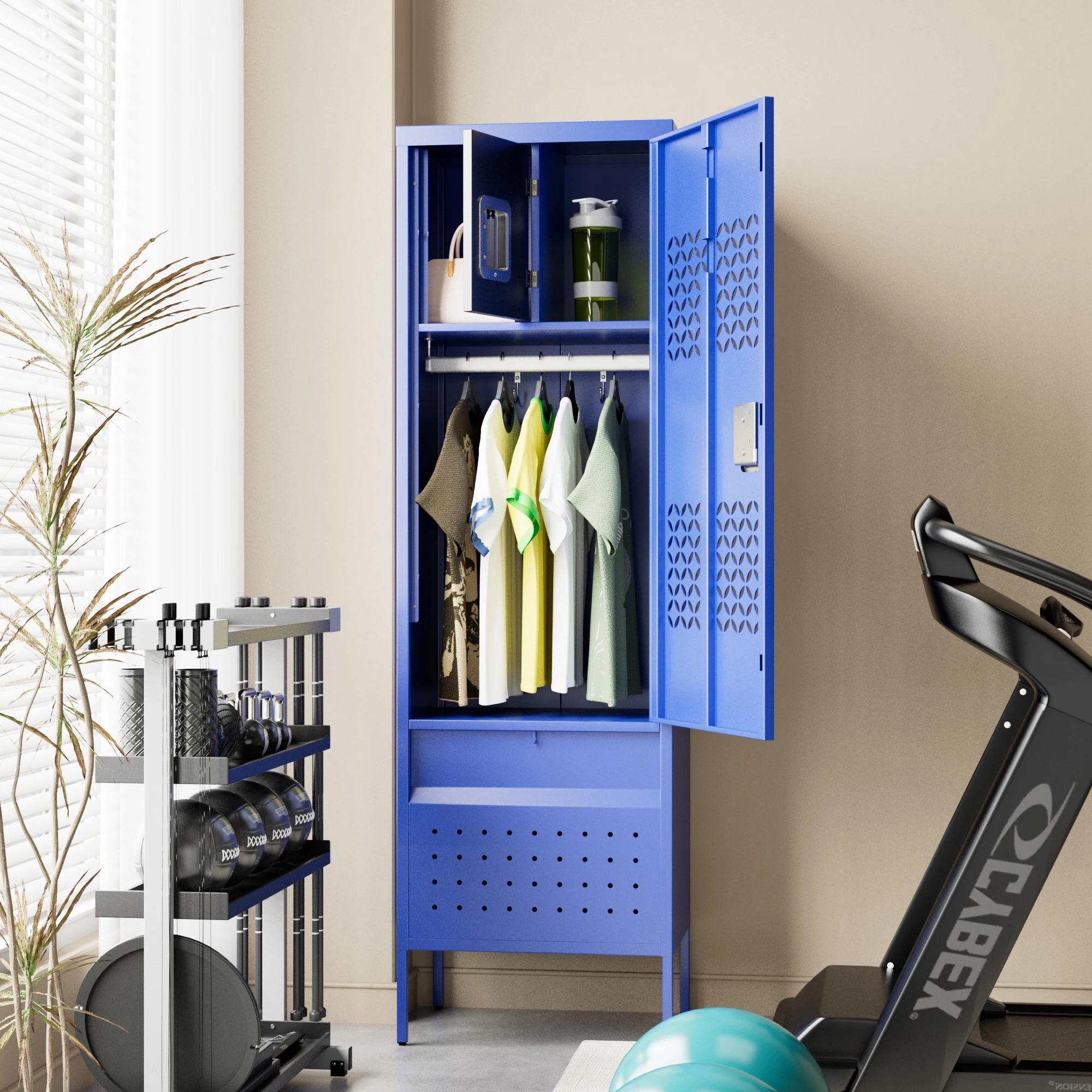 خزانة تخزين رياضية مع خزانة أحذية، خزانة معدنية قابلة للقفل بقدرة 72 بوصة مع قضيب تعليق وخطافات لصالة الألعاب الرياضية، تتطلب التجميع